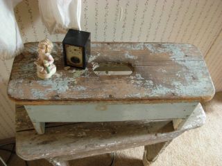 Primitive Antique Shabby Robins Egg Blue Wood Bench Stool photo