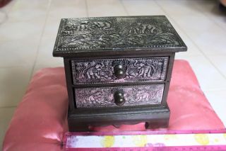 Handmade Wood Box With Drawer Decorated With Iron Thai Elephant Pattern Sheet photo