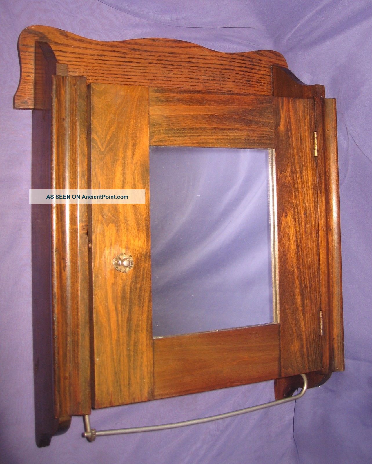Antique Vtg Walnut Wood Medicine Cabinet County Mirror Cupboard Metal Towel Bar Post-1950 photo