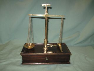 Antique Balance Beam Scale Apothecary Gold Portable W/ Box Drawer & Weights Nr photo