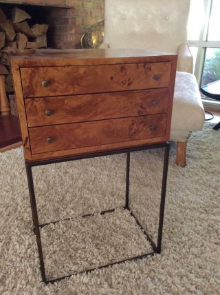 Mid Century Modern Olive Ash Burl Wood Metal Bronze End Table Night Stand Drawer photo