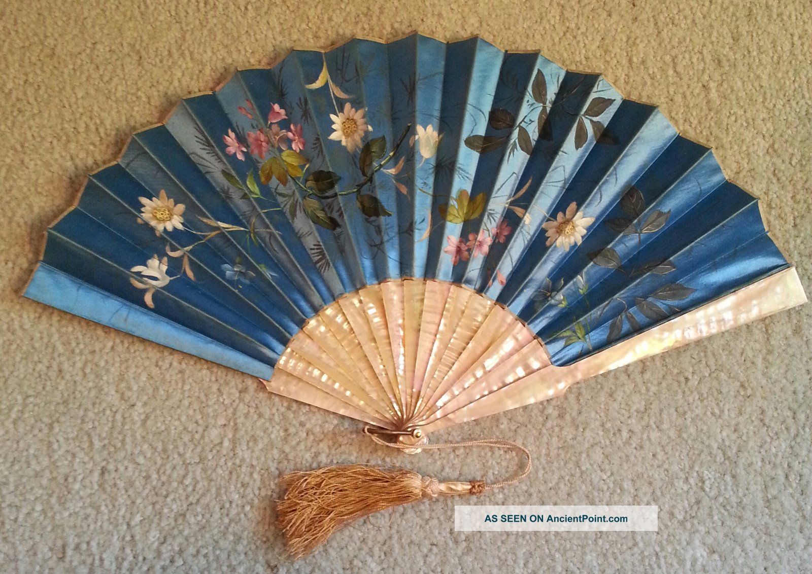 Stunning Blue Painted Flowers Hand Fan,  Mop Sticks,  Ca.  1895 Art Nouveau photo