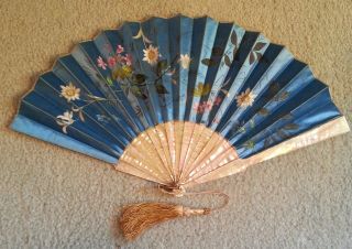 Stunning Blue Painted Flowers Hand Fan,  Mop Sticks,  Ca.  1895 photo