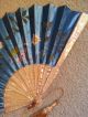 Stunning Blue Painted Flowers Hand Fan,  Mop Sticks,  Ca.  1895 Art Nouveau photo 1
