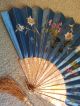 Stunning Blue Painted Flowers Hand Fan,  Mop Sticks,  Ca.  1895 Art Nouveau photo 3