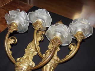 Pair Antique French Art Deco Bronze Wall Sconces Roses Glass Shades Lamp Fixture photo