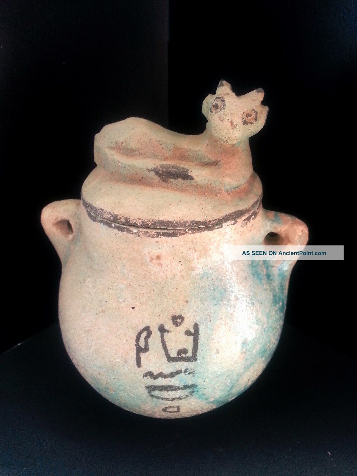 Rare Egyptian Blue Glazed Coptic Jar Features Figural Bull Lid Egyptian photo