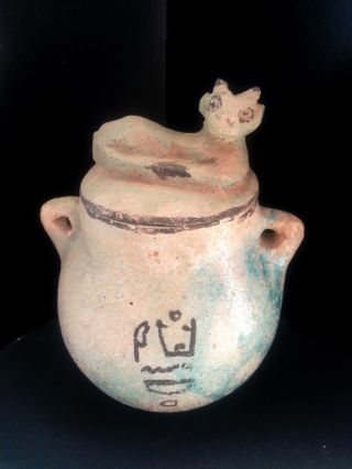 Rare Egyptian Blue Glazed Coptic Jar Features Figural Bull Lid photo