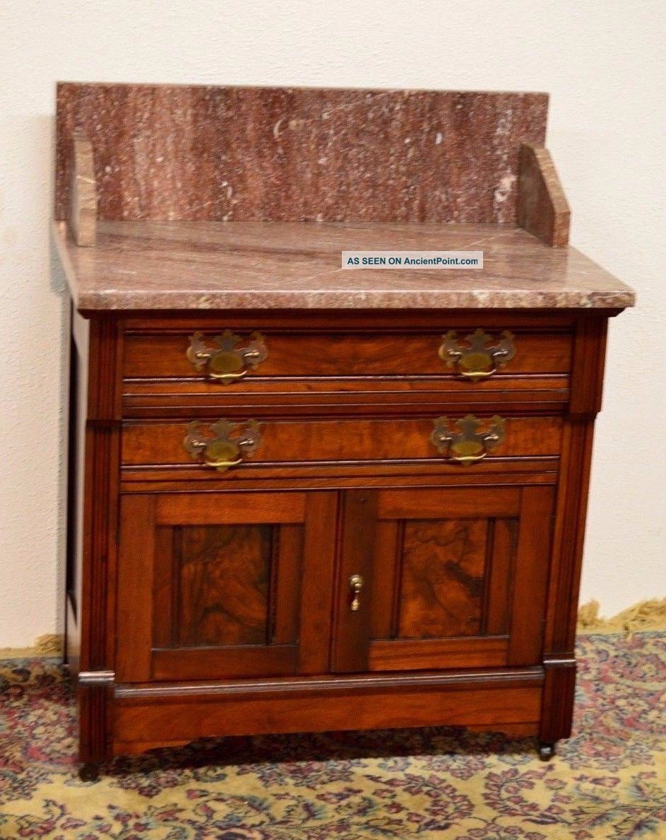 Antique Victorian Eastlake Walnut Washstand Commode Vanity Marble Top 1800-1899 photo