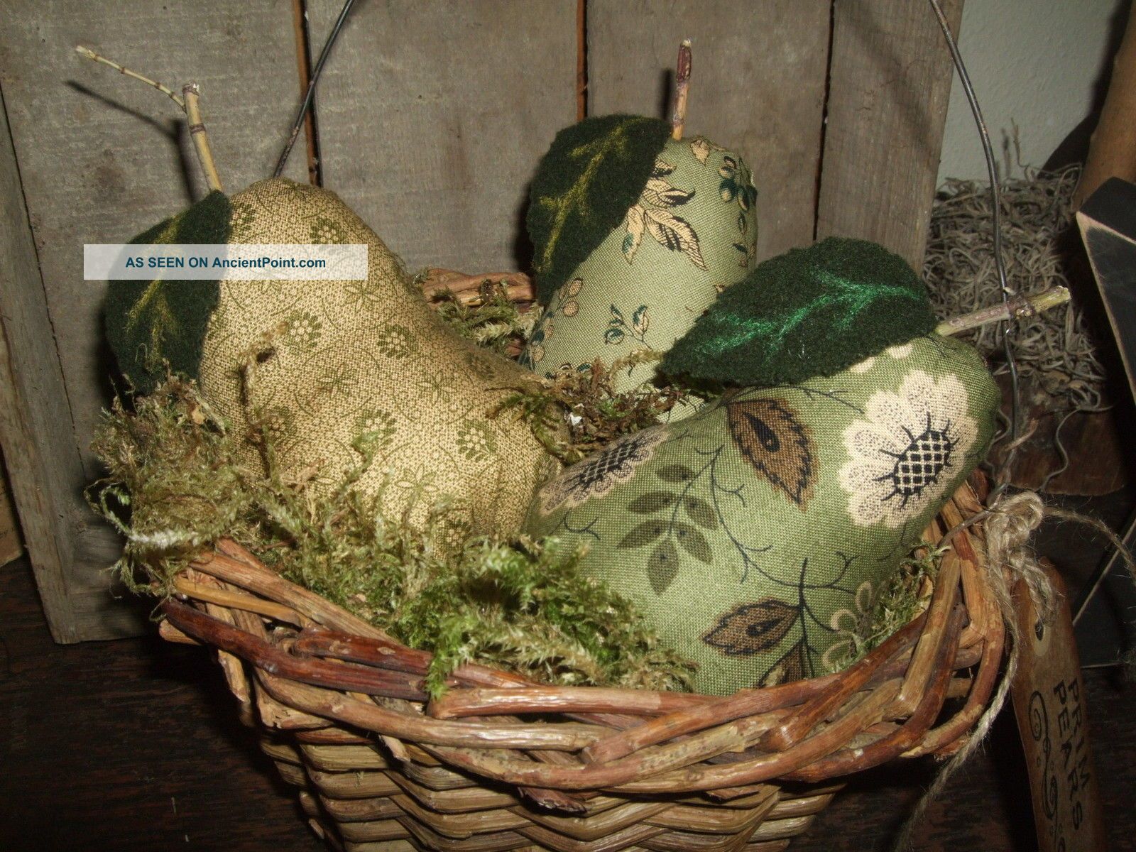 Primitive Prim Pears In Basket Summer Fruit Arrangement Rustic Folk Art Ornies Primitives photo