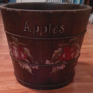 Vintage Wooden Barrel Shaped Hand Painted Apple Planter - 10 