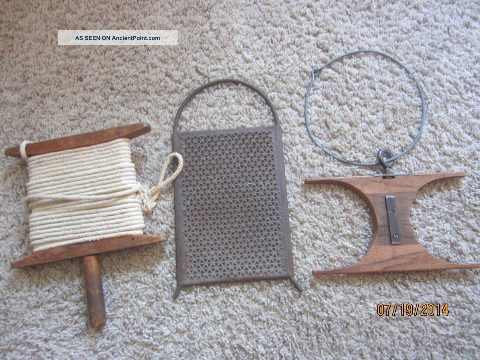 Antique Primitive Wood Clothesline Winders Punched Tin Early Cheese Grate Grater Primitives photo