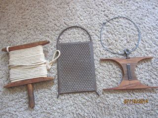 Antique Primitive Wood Clothesline Winders Punched Tin Early Cheese Grate Grater photo