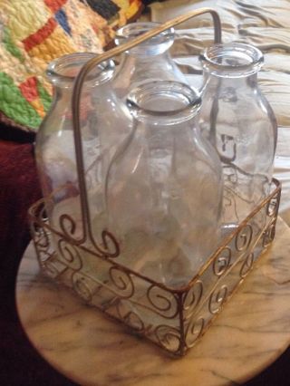Rare Antique 4 Qt Milk Carrier And Bottles 