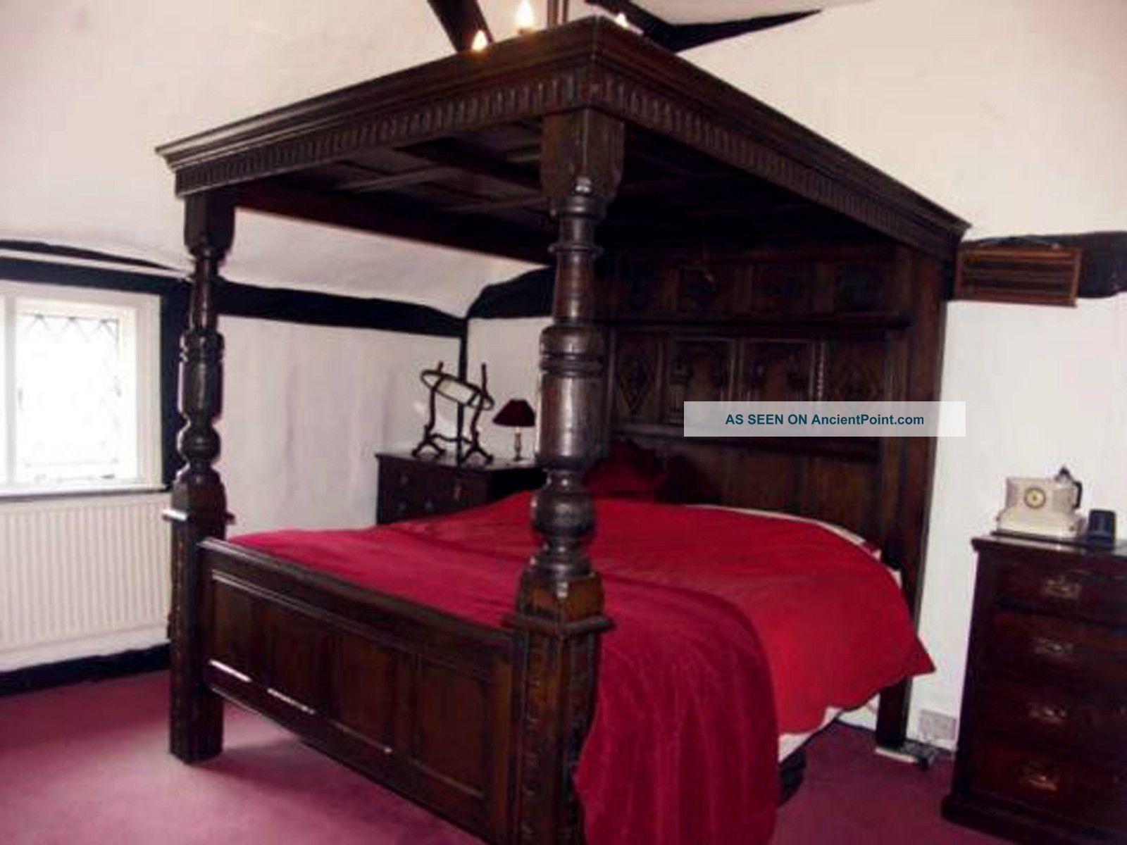 Solid Dark Oak Carved Full Tester (four Poster Bed) Best Seen On Youtube. Reproduction Beds photo