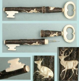 Rare Antique Figural Bone Key Needle Case Carved With Stag & Deer Circa 1870 photo
