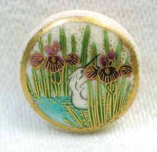 Antique Meiji Satsuma Button Crane In Marsh W/ Purple Iris Flowers Gold Accents photo