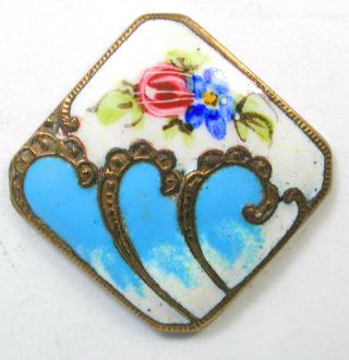 Antique French Enamel Button Square W/ Turquoise & Hand Painted Floral Design photo
