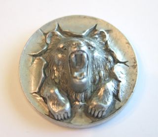 Large Antique Button Fierce Bear Head Paws Silver Metal photo