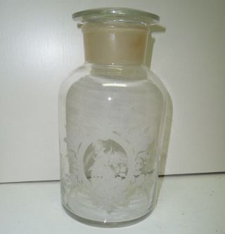 Antique 1880 ' S Acid Etched Glass Apothecary Jar Classic Floral Design Ground Lid photo