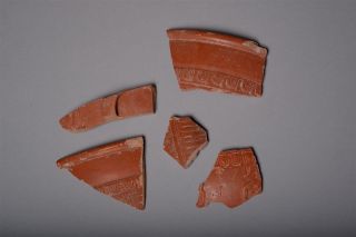 Five Ancient Roman Terra Sigillata Red Slip Samian Ware Vessel Fragments - 150ad photo