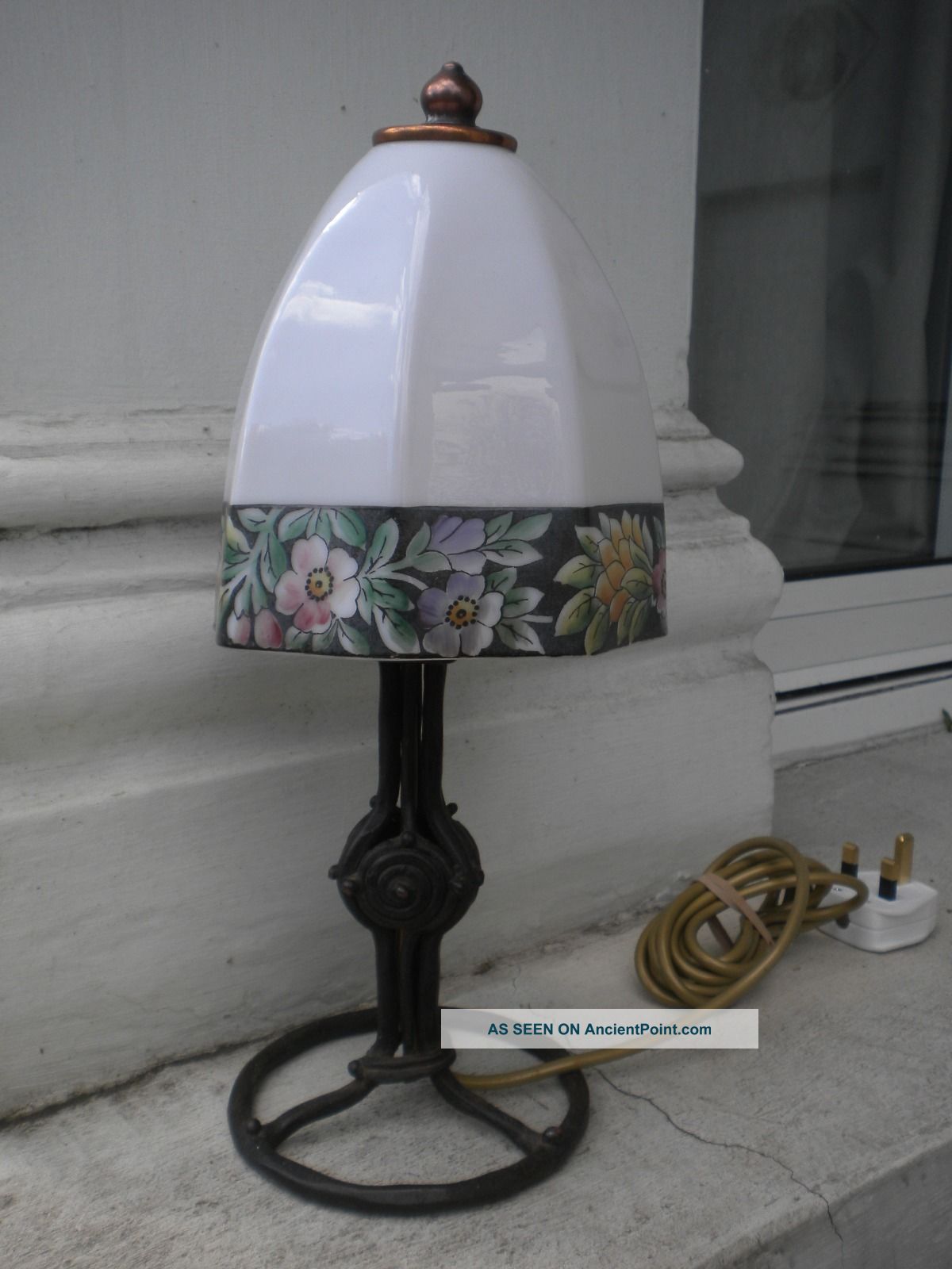 Arts And Crafts Metal Table Lamp With Hand Painted Glass Shade Arts & Crafts Movement photo