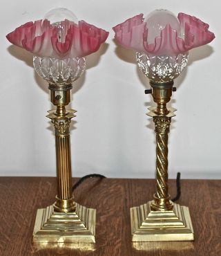 Pair Antique Brass Edwardian Corinthian Column Electric Table Lamps - Cranberry photo