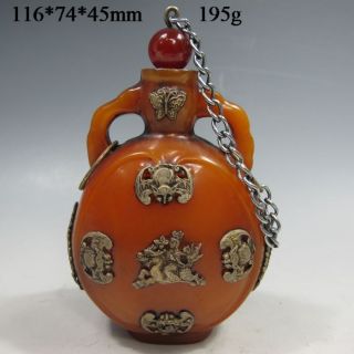 Chinese Old Jade Inlaid With Silver Bat & Pi Xiu Dragon Carved Snuff Bottle photo