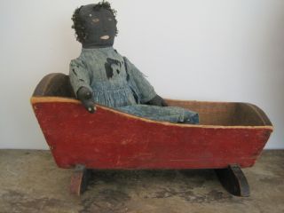 19th Century Primitive Orig Red Black Paint Small Wood Doll Cradle Square Nails photo