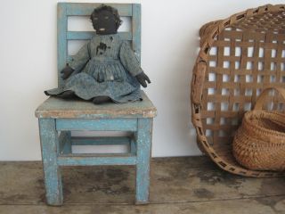 Old Blue Paint Primitive Child Doll Wood Chair Great American Country Find Aafa photo