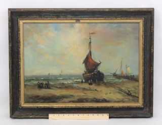 Antique Charles Lambert,  French Fishing Boat Beach Impressionist Oil Painting Nr photo