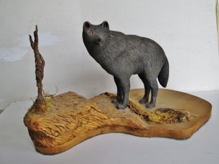 Vintage American Folk Art Wolf Hand Carved Wood Carving Sculpture Glass Eyes photo