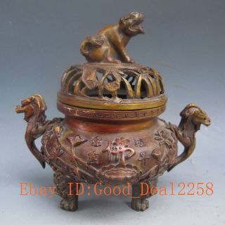 Chinese Bronze Incense Burner Hollow Sculpture Statue Dog photo