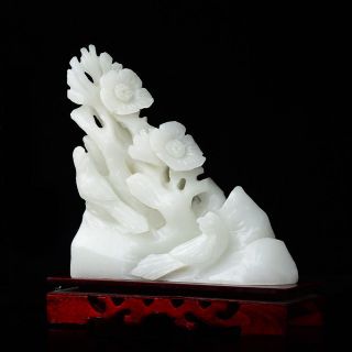 Exquisite Hand - Carved Natural White Jade Statue - - - Bird & Flower V2 photo