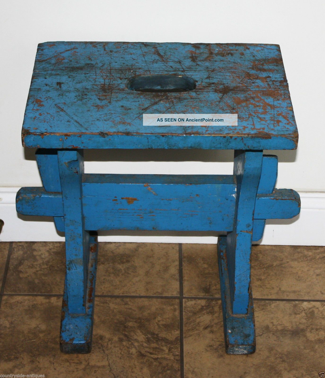 Antique Country Primitive Small Wooden Bench Old Blue Paint; Stool,  Wedge Joints Primitives photo