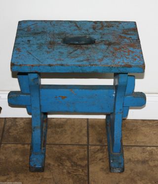 Antique Country Primitive Small Wooden Bench Old Blue Paint; Stool,  Wedge Joints photo