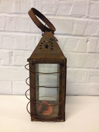Antique 18th 19th Cent.  Primitive Likely American Tin Lantern W/ Star Decoration photo