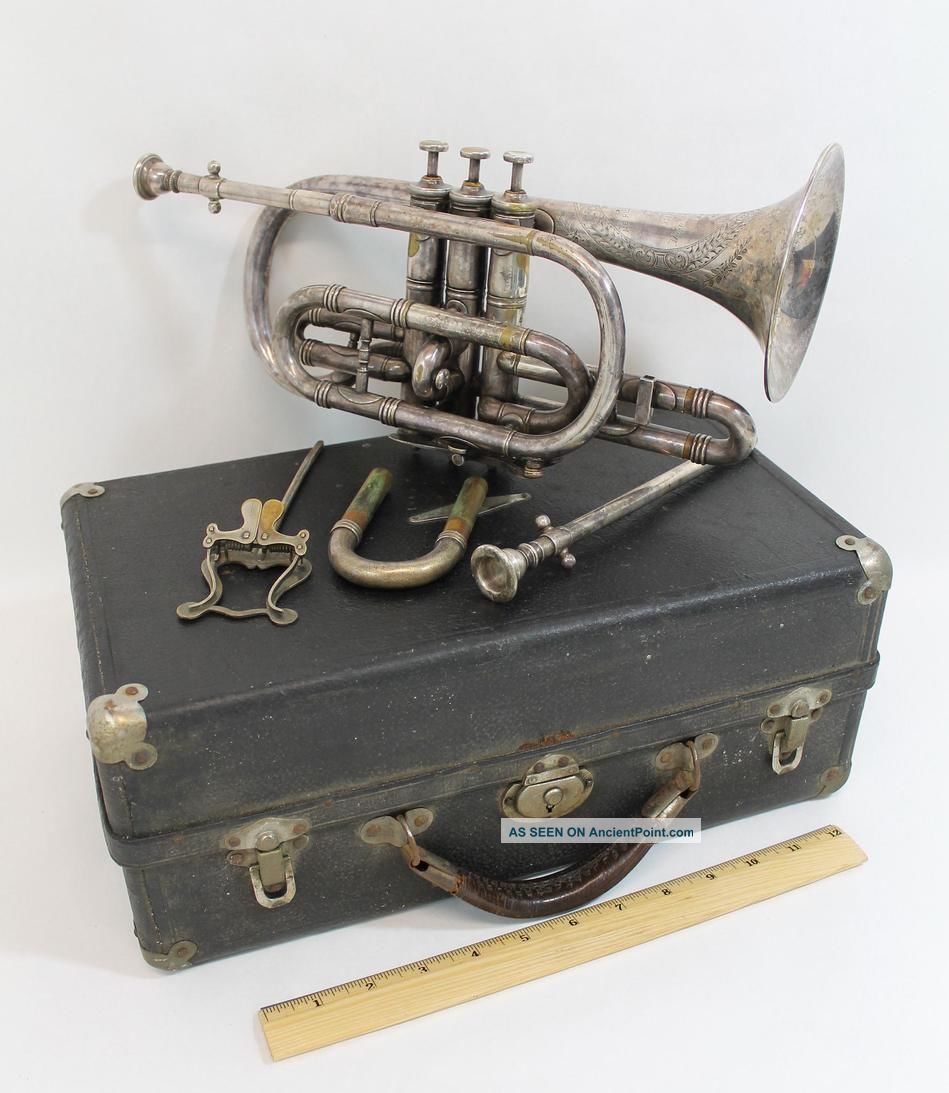 ﻿antique 1890s Boston Musical Instrument Co.  Ne Plus Ultra Silver Coronet Brass photo