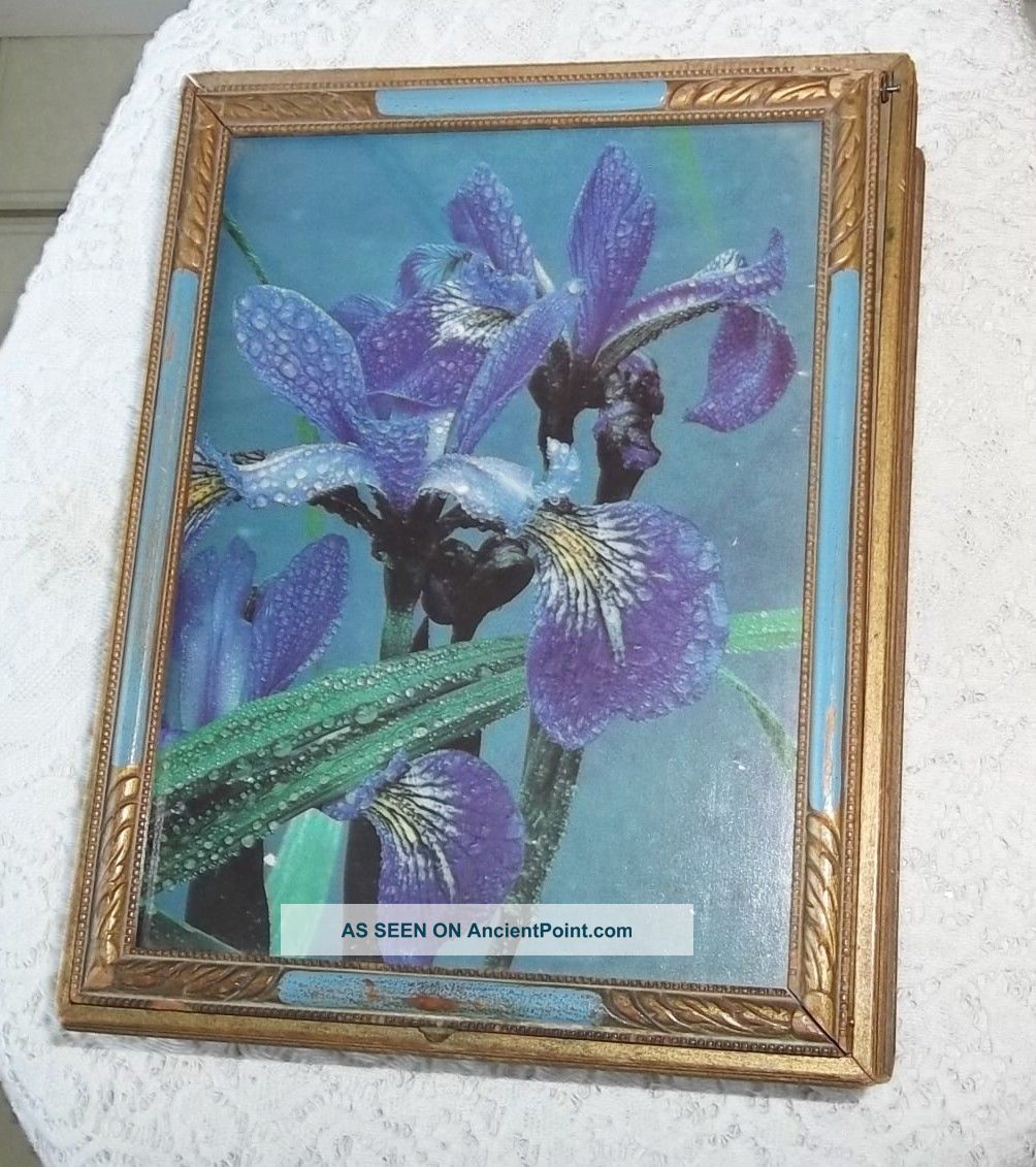Antique Wood Trinket,  Jewelry Box Glass Top Purple Iris ' W/mirror Divided Inside Boxes photo