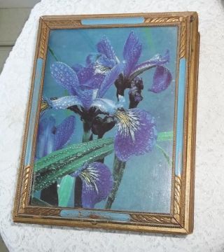 Antique Wood Trinket,  Jewelry Box Glass Top Purple Iris ' W/mirror Divided Inside photo