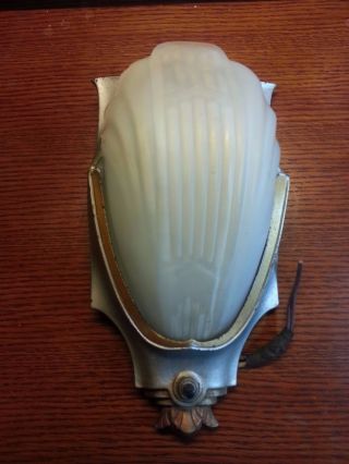 Antique Vintage 1920s Art Deco Wall Silver Sconce And Frosted Glass Slip Shade photo