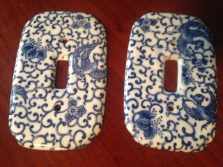 2 Vintage Takahashi Blue & White Scroll Bird Ceramic Light Switch Plate Covers photo