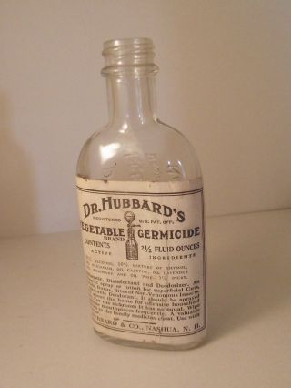 Dr.  Hubbard ' S Vegetable Disinfectant Deodorizer & Germicide Bottle.  Nashua N.  H. photo