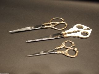 3 Antique Vintage Victorian Style,  Brass Scissors Shears photo