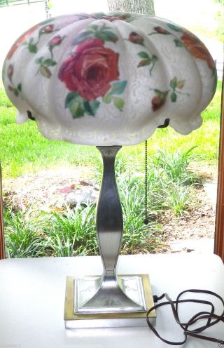 Antique Art Nouveau Signed Pairpoint Puffy Rose & Trellis Glass Shade Table Lamp photo