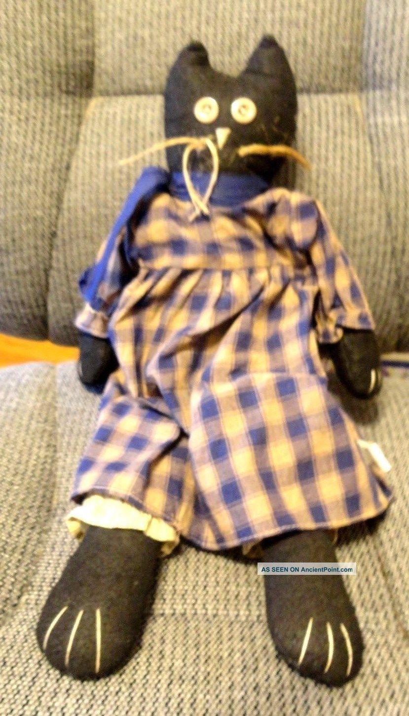 Folk Art Black Cat With Primitive Dress And Panties,  Button Eyes Primitives photo