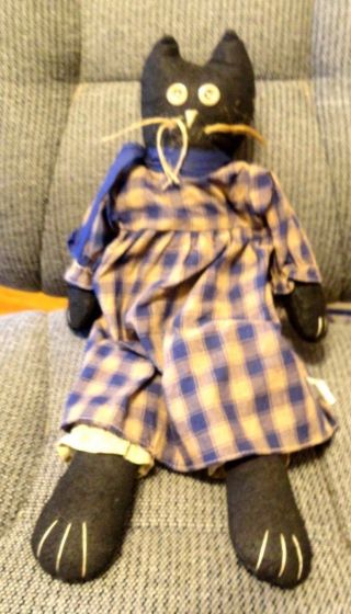 Folk Art Black Cat With Primitive Dress And Panties,  Button Eyes photo