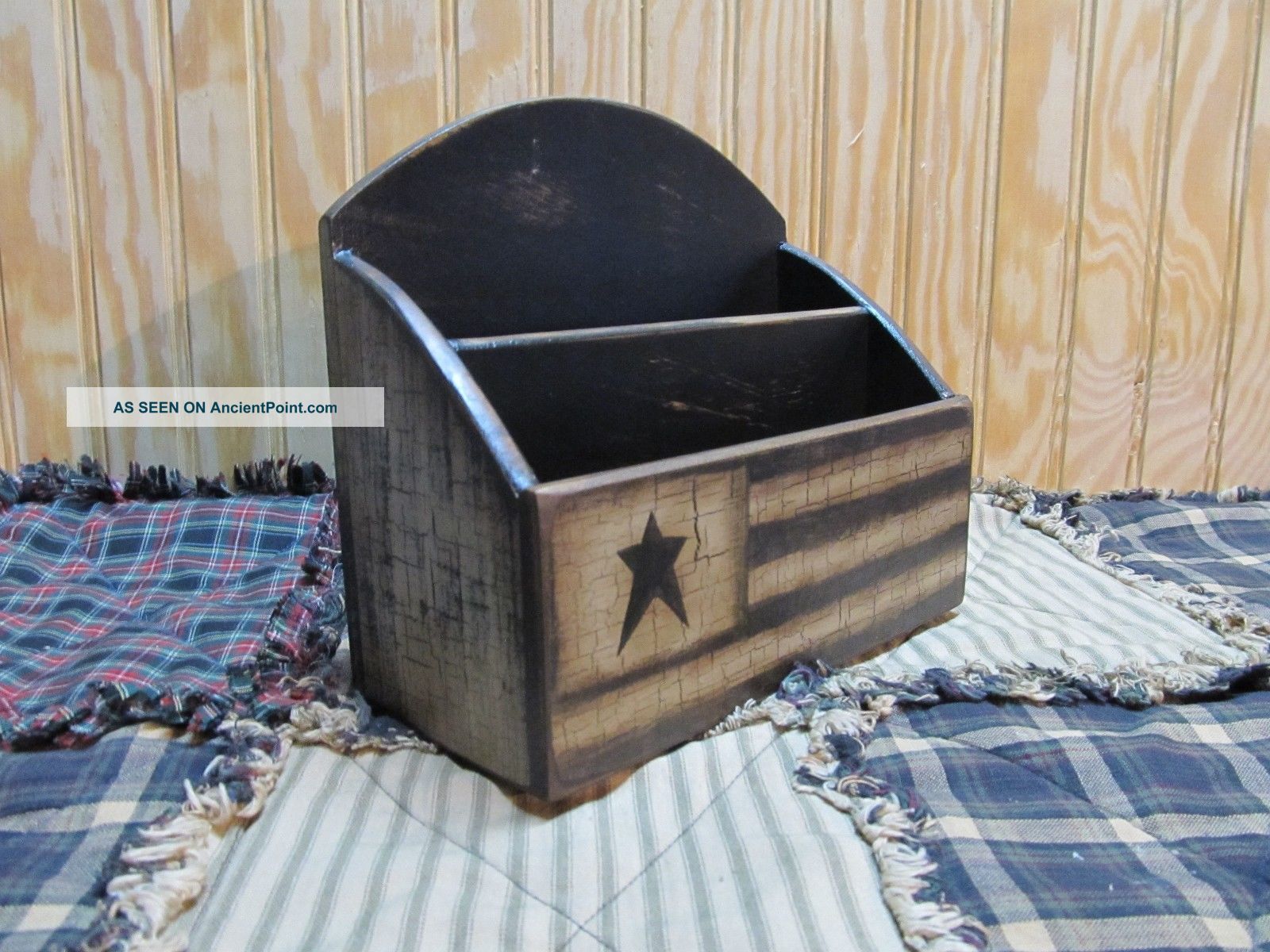 Primitive Wood Flag Mail Letter Bill Holder Black Tan Crackle Aged Country Star Primitives photo