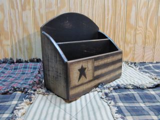 Primitive Wood Flag Mail Letter Bill Holder Black Tan Crackle Aged Country Star photo