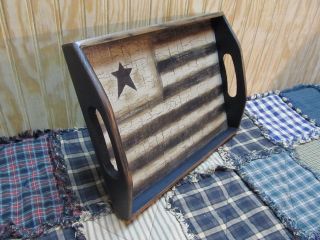 Primitive Wood Gathering Tray Black Tan Crackle Flag Country Farmhouse Decor photo